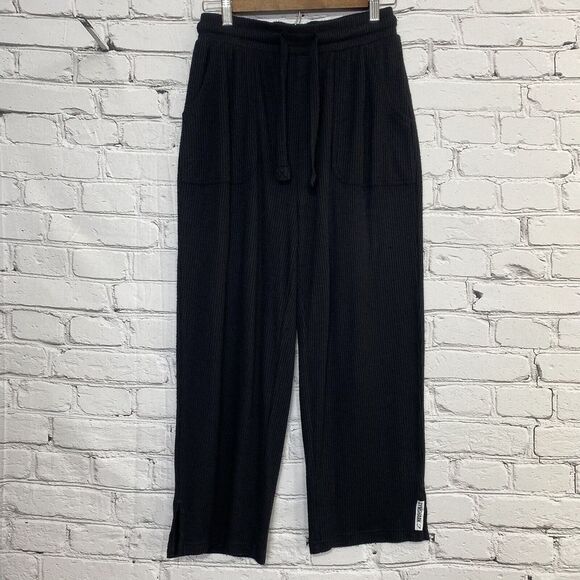Gymshark Womens Ribbed High Waisted Cropped Wide Leg Pants Size S‎ Black Stretch - Picture 1 of 12